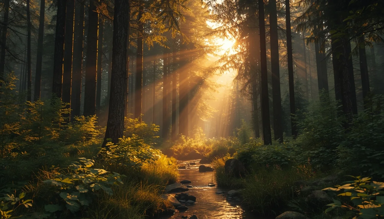 Generated cinematic forest with soft golden light